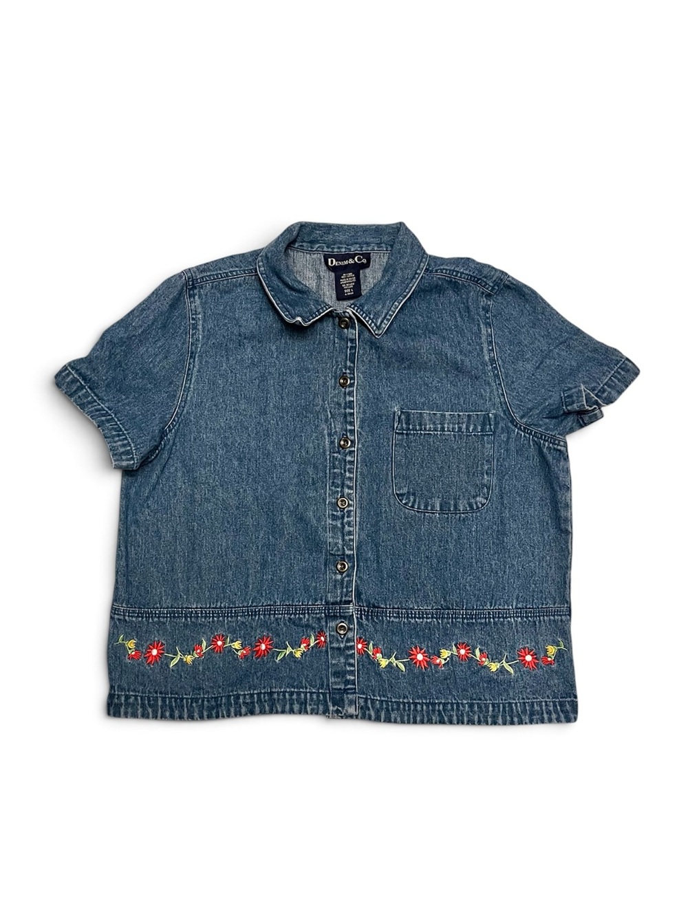 Vintage Denim Short-Sleeve Shirt with Floral Embroidery